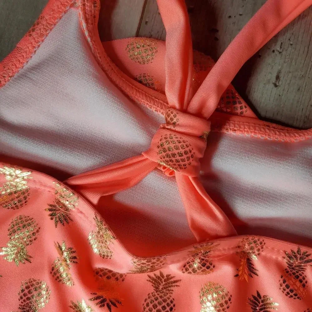 NWT Real Love Toddler Girls Metallic Gold and Coral Pineapple Bikini Set Size 2T